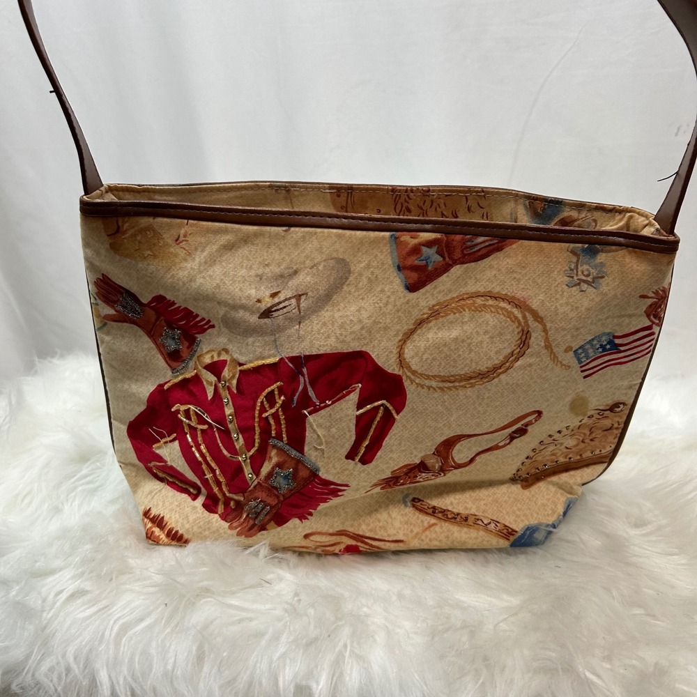 Western Cowboy Rodeo Print Shoulder Bag Purse‎ Tan Red Leather Trim Red Lining